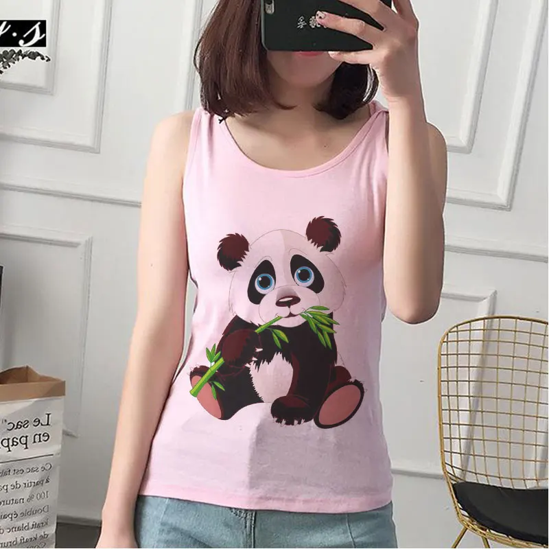 Verão moda feminina camisola sem mangas kawaii dos desenhos animados panda impressão colete casual cinza o-pescoço topos de tanque feminino roupas