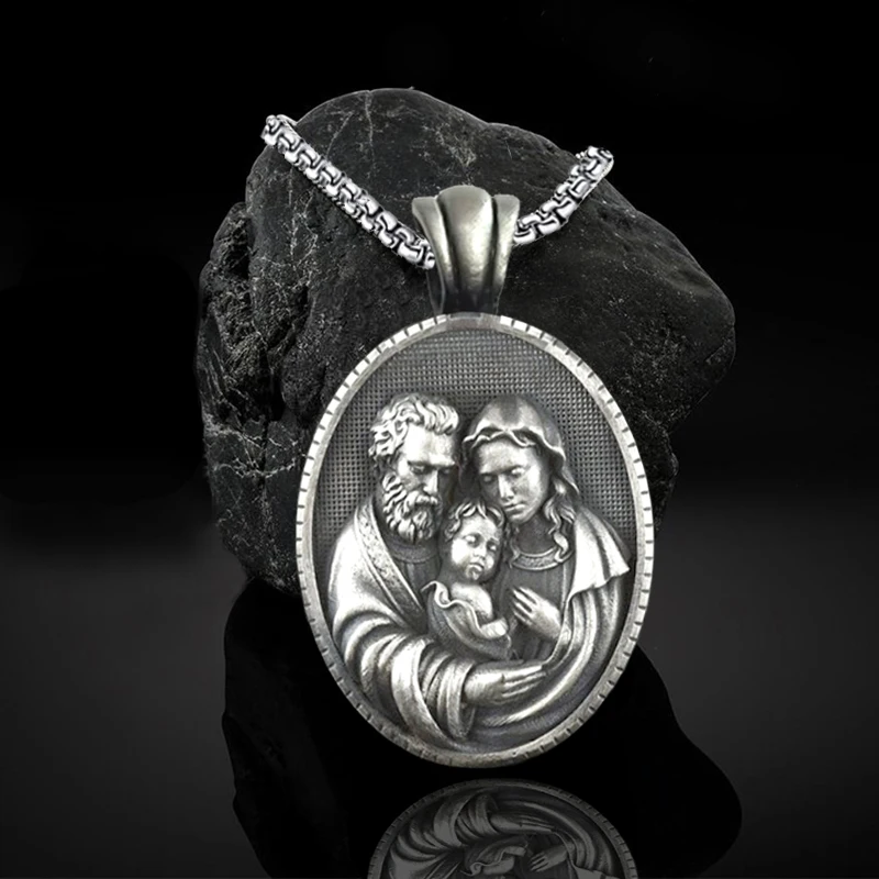 Baby Jesus And Saint Joseph Father Mary Mother Necklace Oval Retro Vintage Pendant Women’s Punk Charm Jewelry Sweater Chain Gift