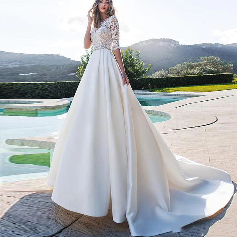 Half Sleeves Lace Top A-Line Satin Wedding Dresses 2020 Modest Satin Lace Bridal Gowns Custom Online Formal Vestidos De Mariee