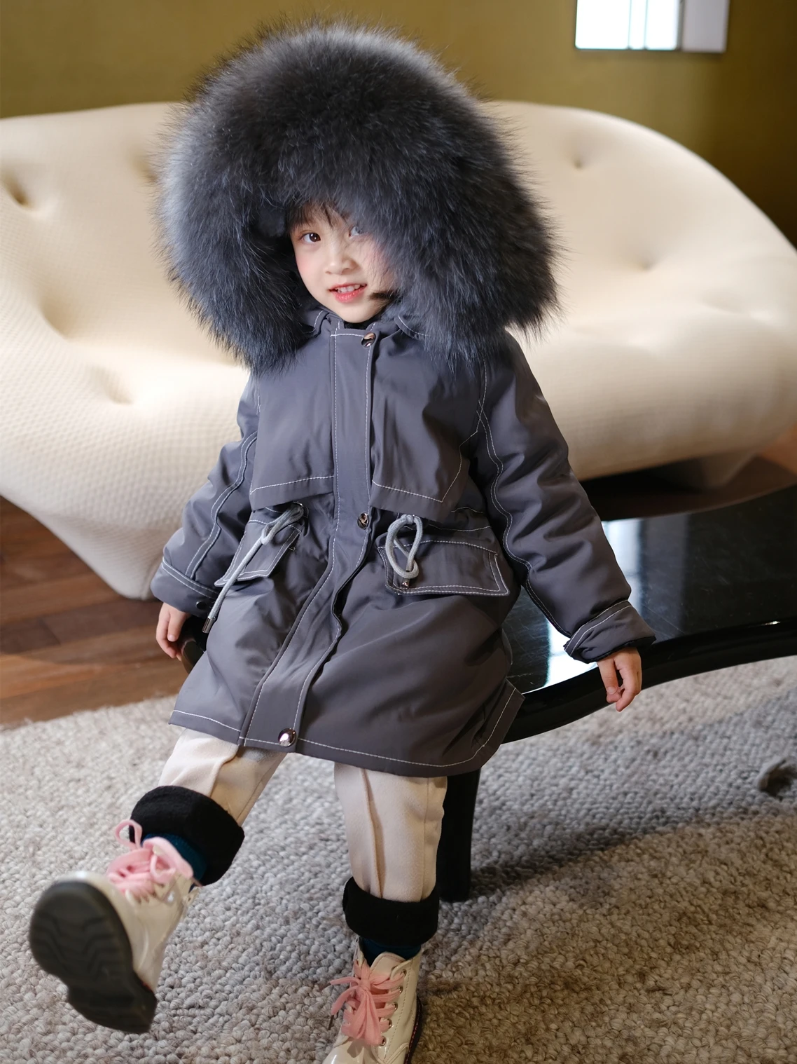 Kids Natural Rex Rabbit Fur Coat Boys Girls Large Fur Collar Hooded Parkas Winter Thick Warm Detachable Outerwear