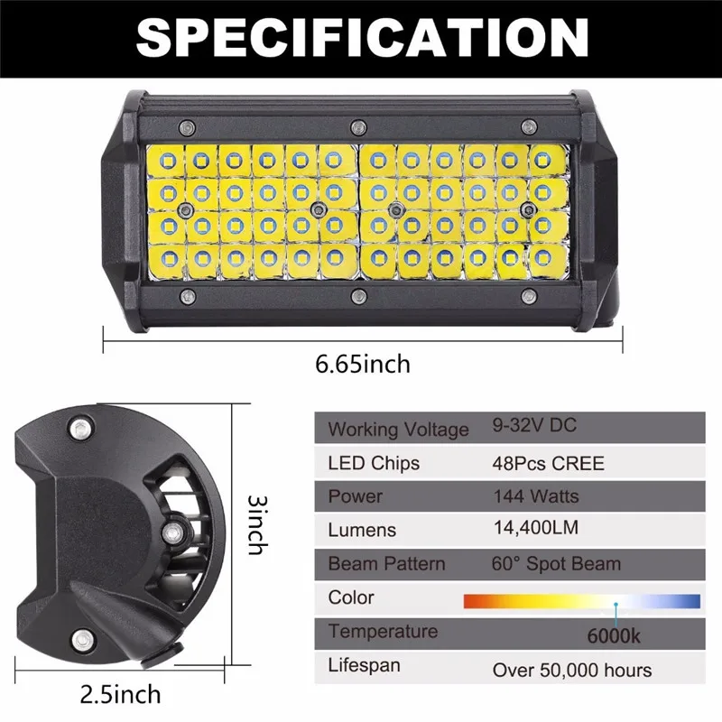 Listwa LED Offroad Spot Flood Combo do ciężarówki Samochód SUV Łódź Moto Wózek widłowy Listwa świetlna 144W Światło robocze 7-calowe reflektory LED