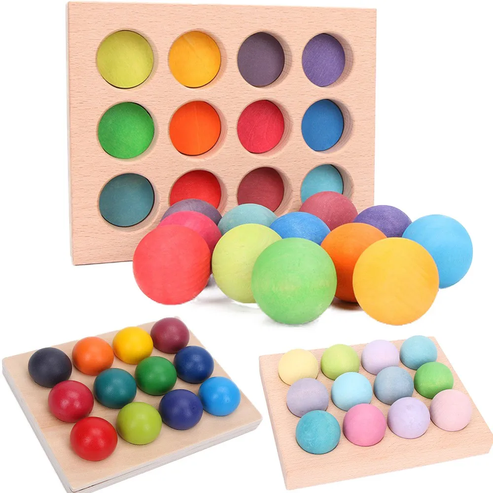 

Rainbow Stacker Balls Natural Bass Wood 12pcs Ball with a Tray Bond Sorting Wood Balls Montessori Toys Ready Stock