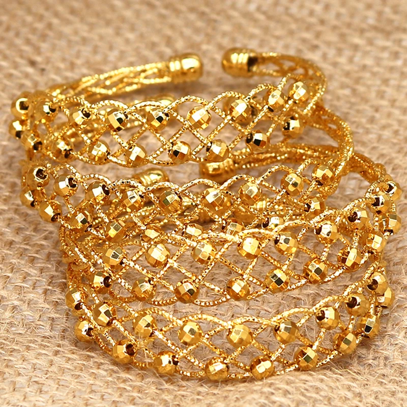 24K Copper 4pcs Ethnic Bead Gold Color Saudi Arabic Bangles For Girls Bracelet Women Girl Africa Bangles Wedding jewelry