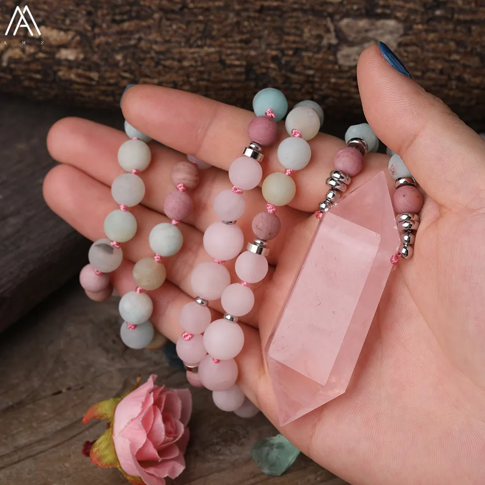 Natürliche Rosa Quarz Doppel Stick Punkt Anhänger 8mm Verfilzte Amazonit Rosen Quarz Runde Perlen Schnur Verknotet Mala Halskette Schmuck – Detail 3