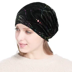 Women Winter Knitted Windproof Warm Cap Female Summer Thin Lace Rhinestone Sports Sunscreen Fold Black Sun Hat K32