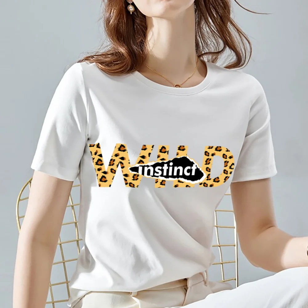 

Women's Summer Leopard Print Letter Printing Ladies T-shirt Short-sleeved Round Neck Slim Fashion T-shirt All-match White Shirt