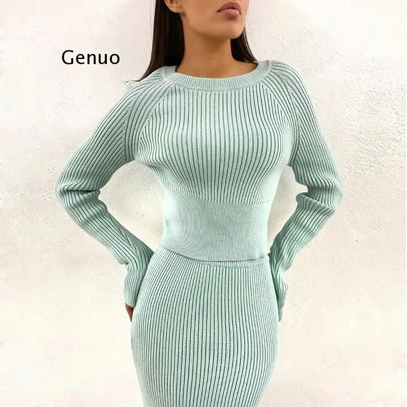 Женский вязаный комплект из пуловера и юбки, элегантный свитер приталенного силуэта, осень женские короткие топы