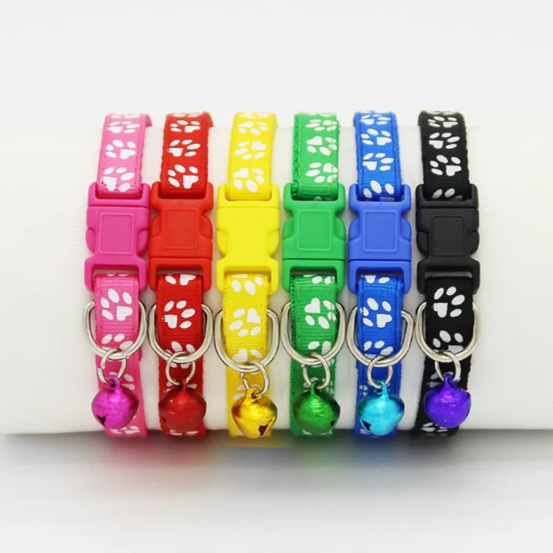 Pet Dog Collar Cat Necklace Cat Paw Printed Adjustable Collar Bell Positioning Dog Collar Adjustable Nylon Ribbon Neck Strap