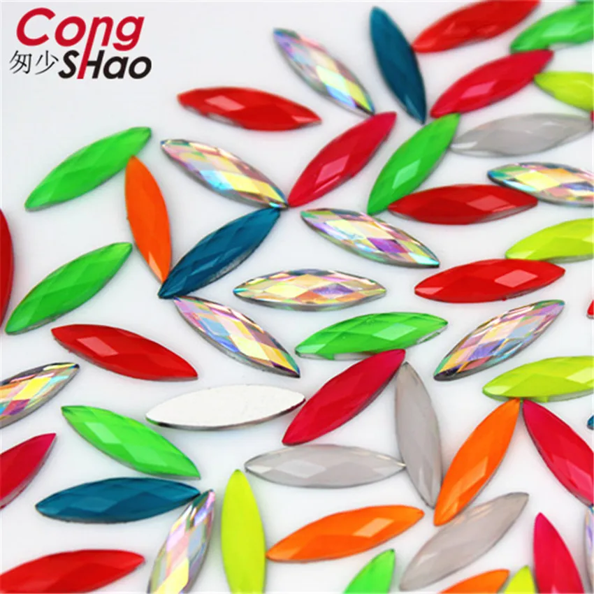 Cong Shao 100Pcs 4*15mm AB Clear Horse eye  Resin Rhinestone trim Crystals Flatback for Wedding Dress Buttons Decoration ZZ214