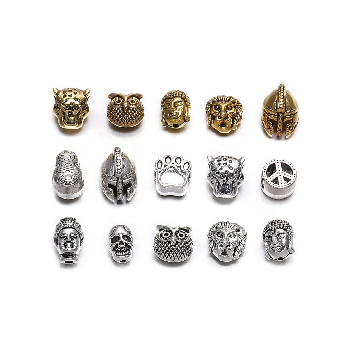 10pcs/lot Gold Color Charm Beads Buddha Sparta leopard Lion Heads Spacer Beads Supplies For Jewelry Finding Making DIY Bracelet