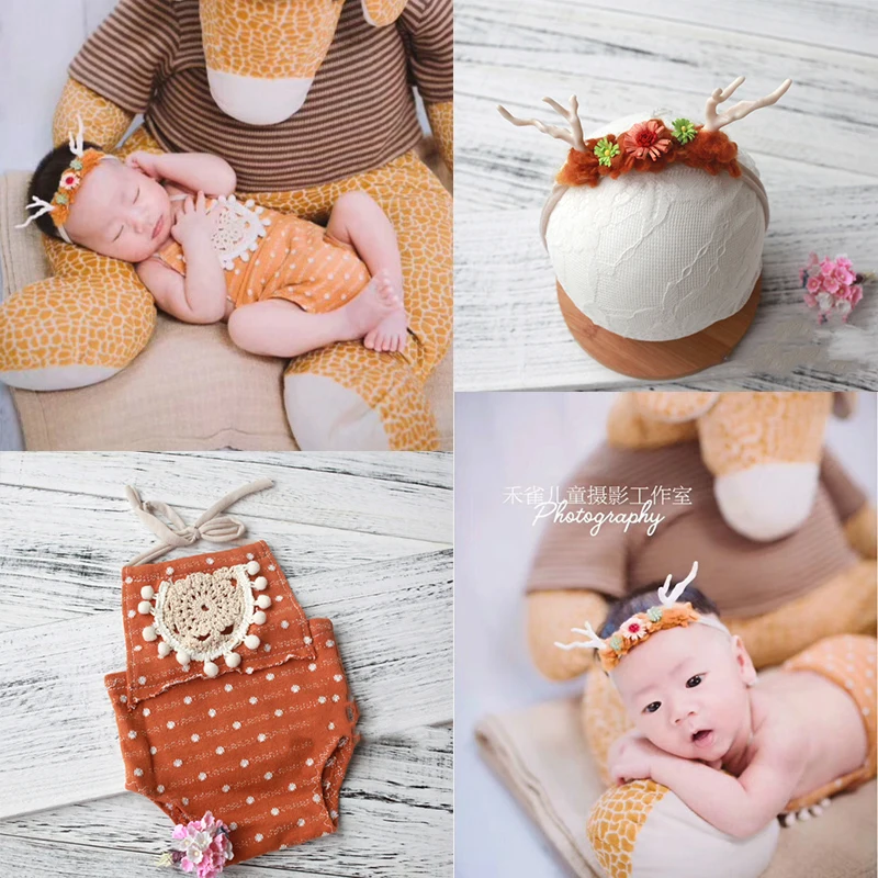 0-15day Newborn Photography Props headband Baby Boy Girl Romper  Bodysuits Outfit Baby Studio Shooting Props cute deer Clothing