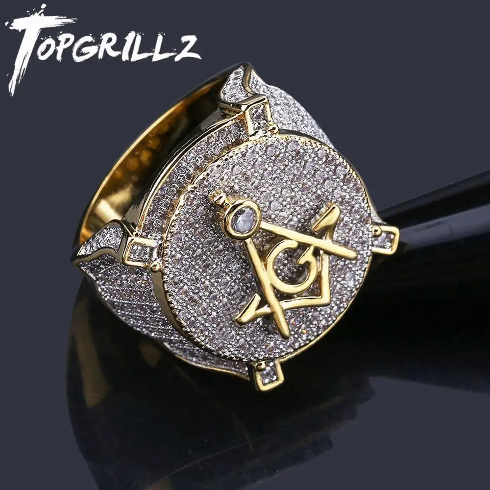 TOPGRILLZ Hip Hop Gold Color Plated Brass Iced Out Micro Pave Cubic Zircon Masonic Ring Charm For Men Gifts With 7 8 9 10 11