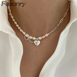 FOXANRY Silver Color Necklace for Women Trendy Elegant Asymmetry Chain Pearls Smooth LOVE Heart Bride Jewelry Lover Gifts