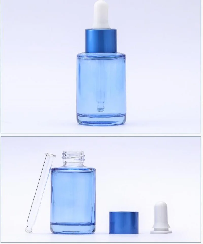 Gotero de vidrio azul transparente, botella con suero, emulsión, esencia, aceite esencial, líquido, gotero de agua, embalaje cosmético, 30ML