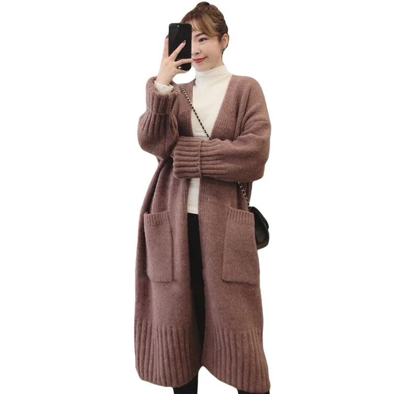 

Autumn Winte Long Cardigans for Women Solid Loose Fad Female Sweaters Knitted Oversized Long Sleeve with Big Pockets Overcoat