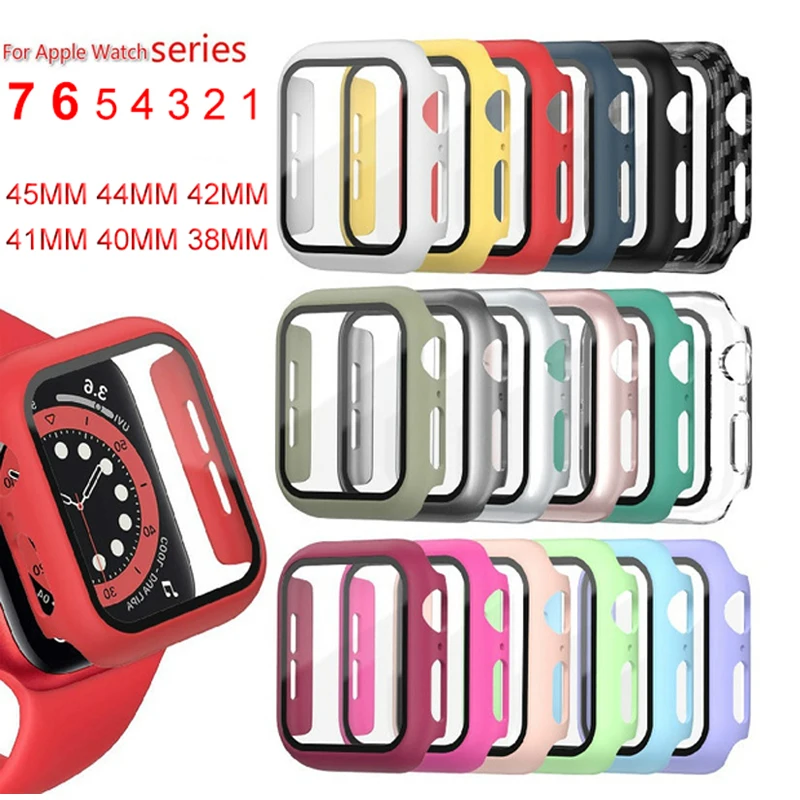 Cristal y cubierta para Apple Watch, funda de 44mm, 40mm, 45mm, 41mm, 42mm, 38mm, accesorios para iWatch, Protector de pantalla para Apple watch series 3, 4, 6, SE, 7, 8