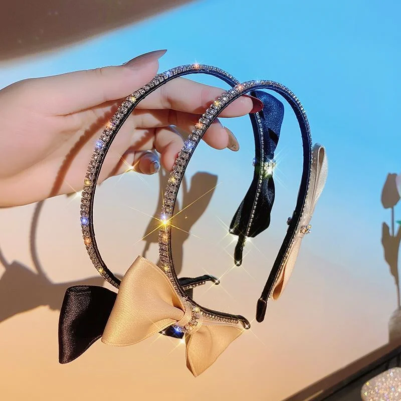 Korean Luxury Shiny Rhinestone Black Double-sided Bow Headband Womans Temperament Chic Hair Band Hair Hoop Hair Accessories Gift