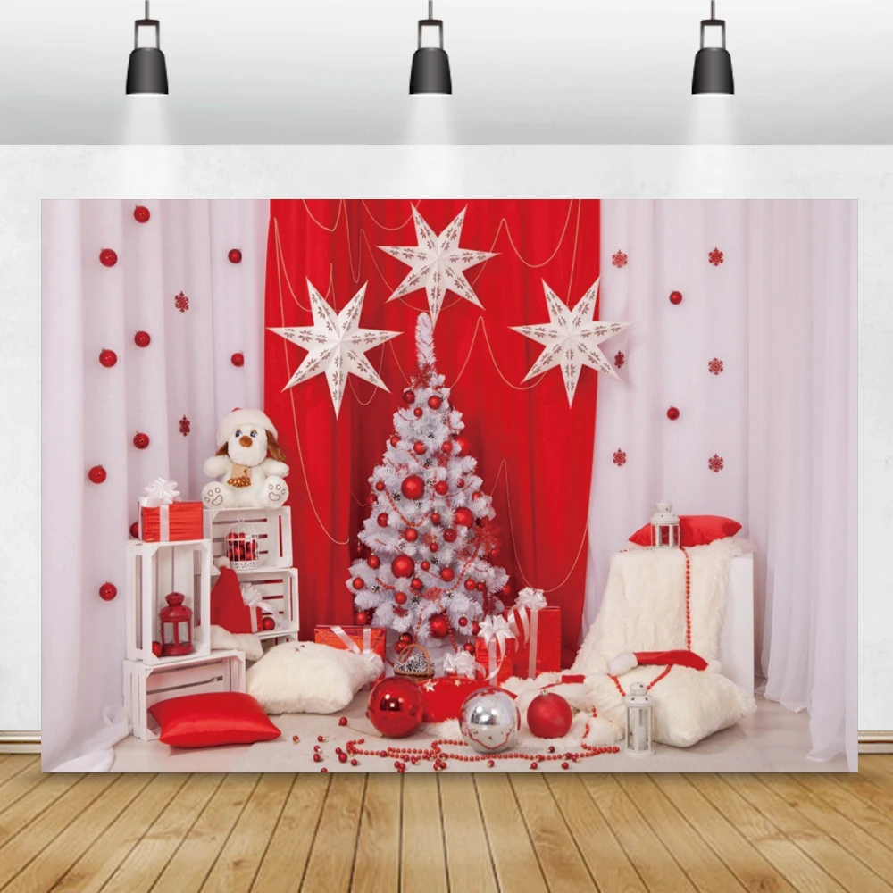 Photo Background Christmas Tree Pine Corn Cartoon Dog Stars Red White Curtain Child Party Photography Backdrop For Photo Studio