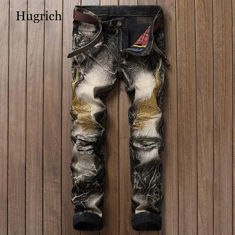 

2021 Autumn Spring Men's Ripped Street Hip Hop Punk Stretch Bike Jeans Trendy Holes Straight Denim Trouers