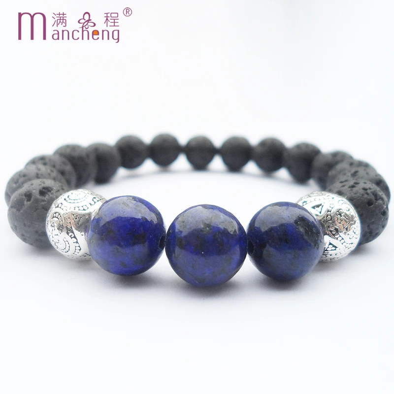 

rhinestones Natural Buddha Yoga Prayer Beads Black Volcanic Lazurite Ethnic Lapis Lazuli Chain Meditation Bracelet Jewelry Male