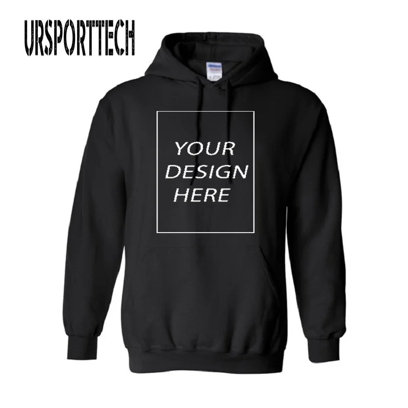 URSPORTTECH Customized With Own Logo Pullover Hoodies Men Adult Print Thick Sweatshirt Hooded Colorful Black Cotton Sweatershirt