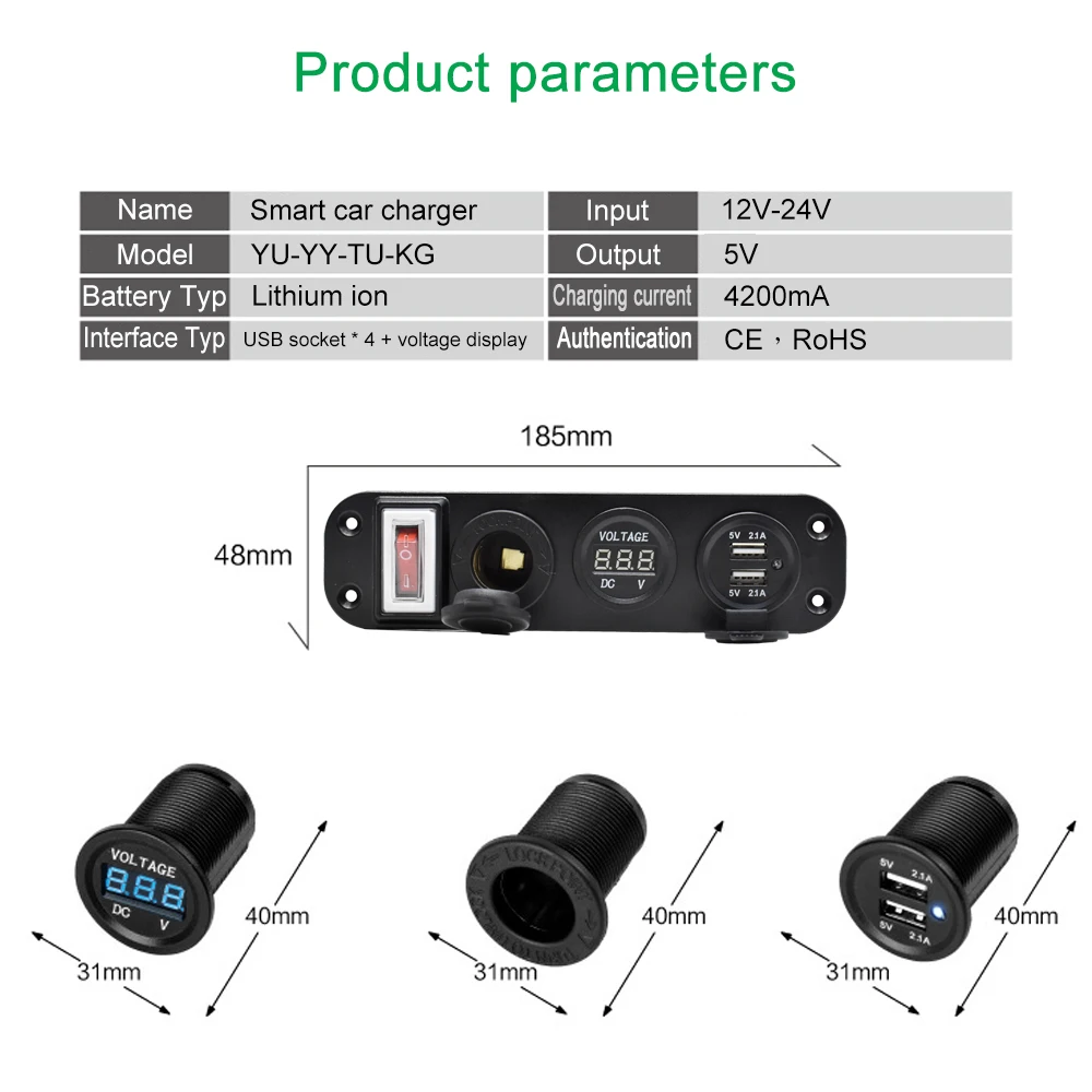 Car Cigarette USB Lighter Digital Voltmeter Dual USB Power Charger 12V Power Socket Waterproof Dustproof With Rocker Switch