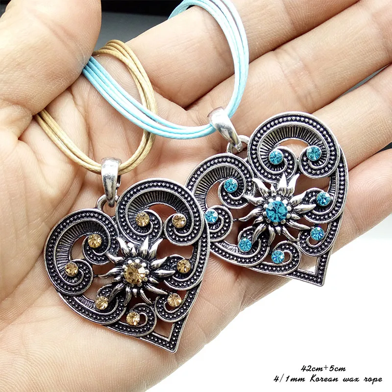 New Leather Rope Chain Necklace Pendant Rhinestone Edelweiss Ladies' Costume Jewellery Dirndl Necklace Traditional Colours