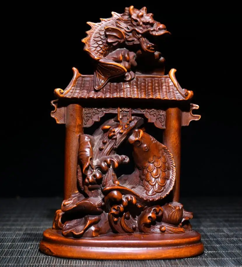 

Archaize seiko Hand-carved boxwood Carp Leaping Dragon Gate crafts statue