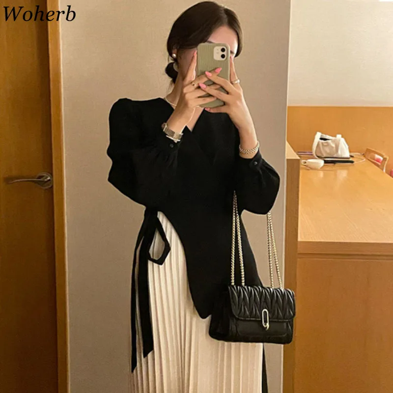 Woherb Korean Elegant Temperament V-neck Cross Belt Patchwork Fake Two-piece Pleated Fashion Dress Long Vintage  Vestido