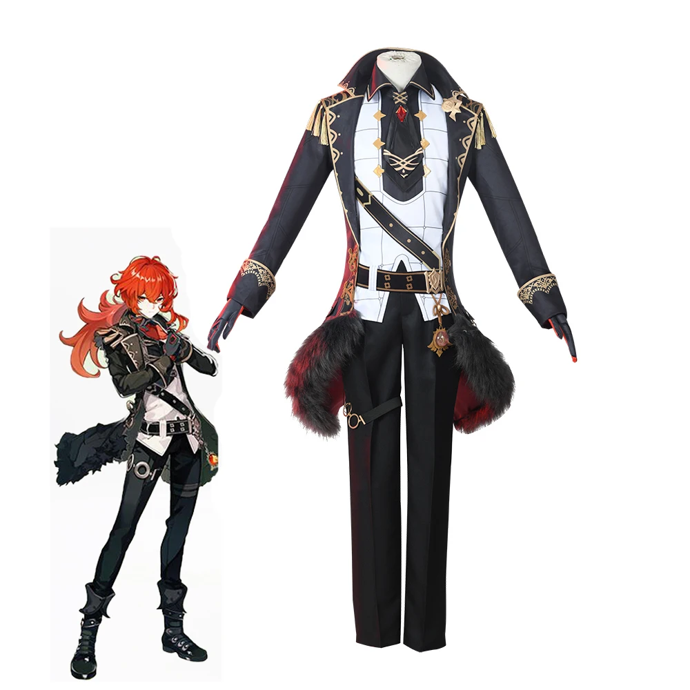 

Anime Genshin Impact Diluc Game Suit Uniform Cosplay Costume Halloween Party Outfit Shoes Wigs Full Set For Men 2020 NEW