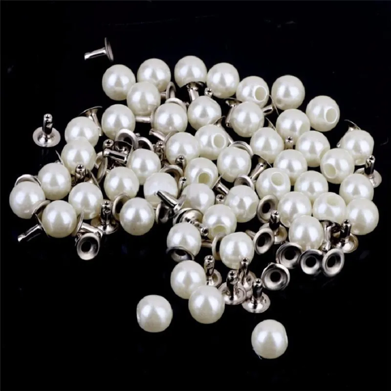 

100 Sets White Pearls Rivets Studs Beads 6mm for DIY Crafts Leather Bag Shoes Clothes Decoration