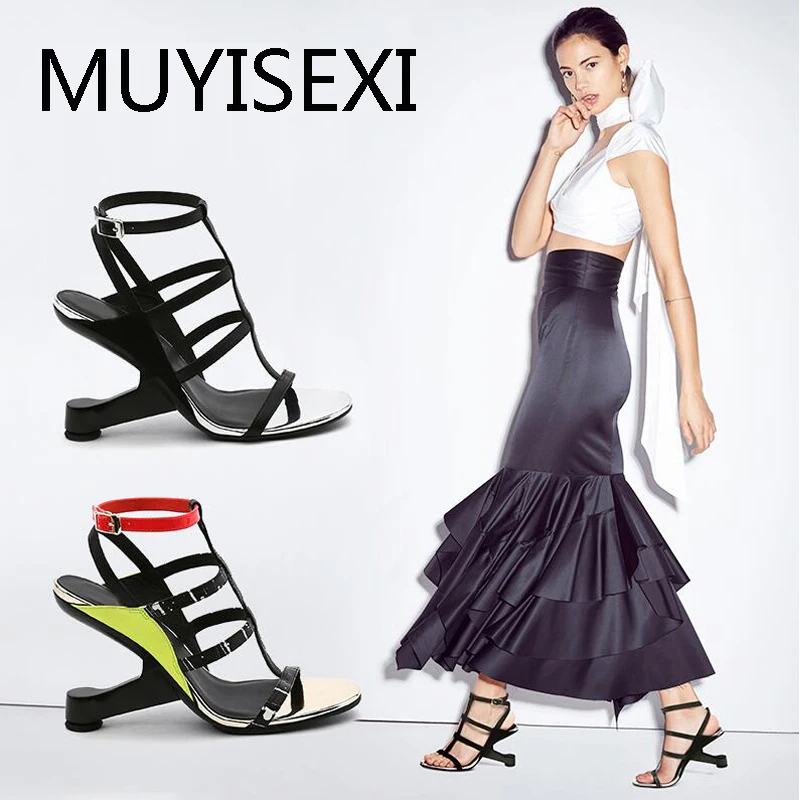 Gladiator Sandals 8cm Strange Heel Woman Straps Narrow Band Steel Metal High Heels Summer Shoes HL154 MUYISEXI