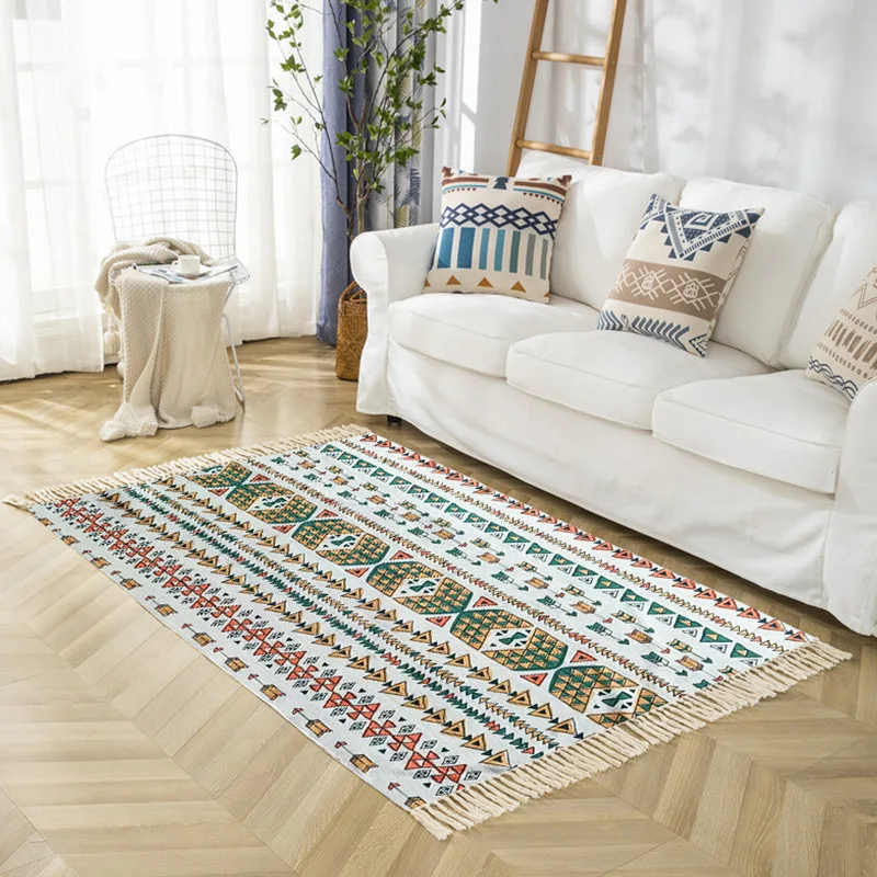 Bohemian Ethnic Style Carpet for Living Room Cotton Linen Tassel Floor Mat Hand Woven Area Rug Home Wall Tapestry Decor