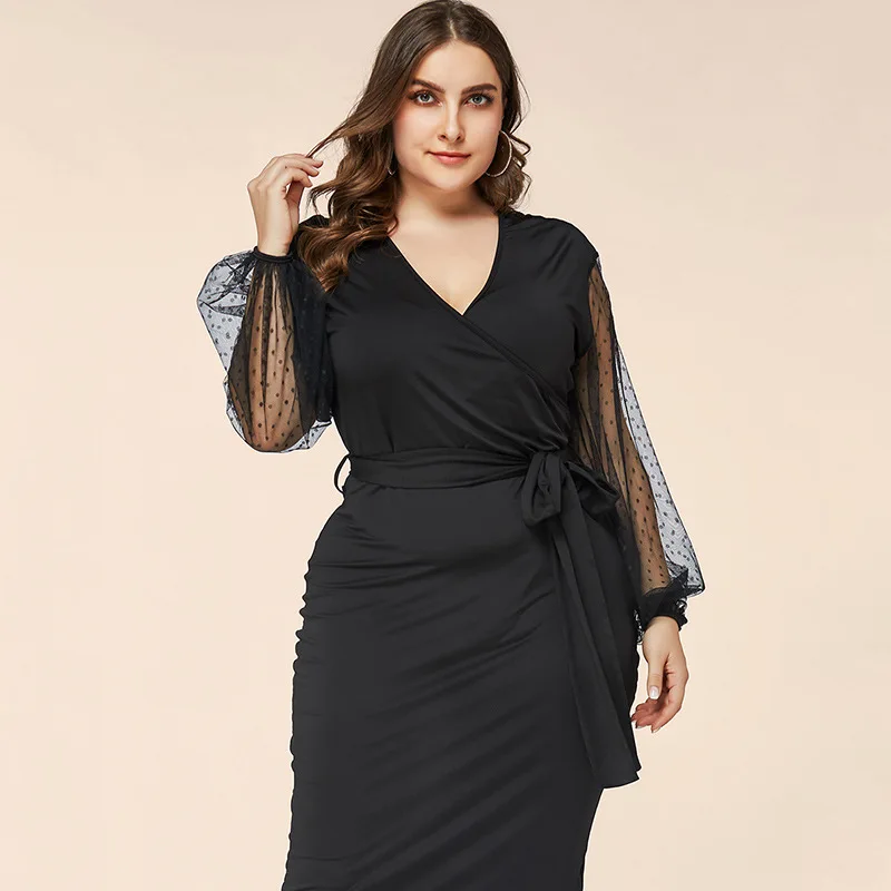 2021 primavera outono vestidos tamanhos grandes para mulheres mangas compridas magro casual cinto de renda preto com decote em v lápis vestido 4xl 5xl 6xl