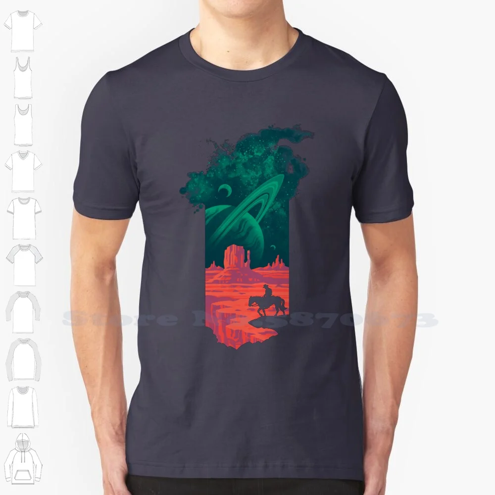 Camiseta de diseño fresco de Final Frontiersman, camiseta de moda de vaquero, nebulosa, estrellas, caballo del desierto, Sci Fi occidental