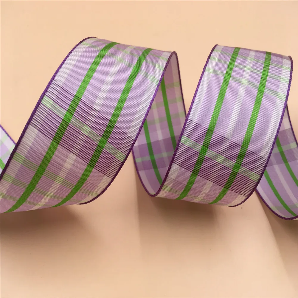 

38MM 25yards Wired Edge Purple Checked Plaid Taffeta Ribbon for Festival Christmas Decoration New Year Gift Wrapping N1062