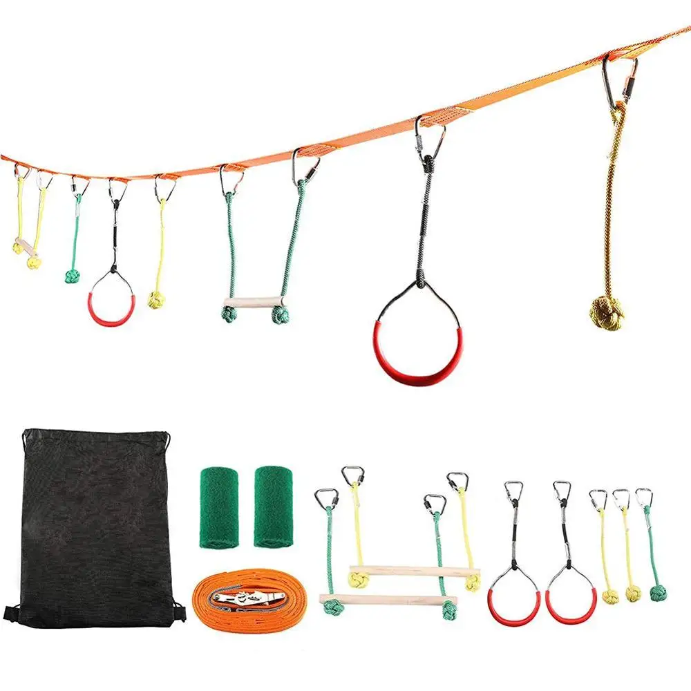 Children's Obstacles Sling Ring Monkey Pole Set Outdoor Physical Training Combination Portable 40 Foot Slackline Bar Kit