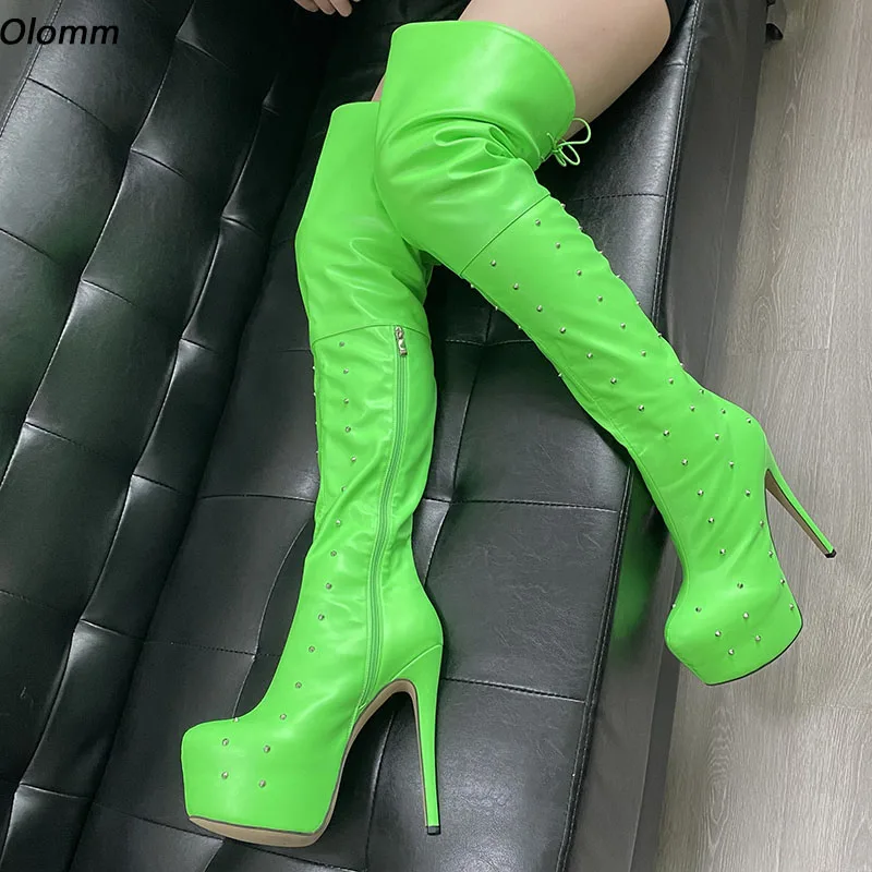 

Olomm Italian Style Women Winter Thigh Boots Platform Sexy Stiletto Heel Round Toe Beautiful Green Night Club Shoes US Size 5-20