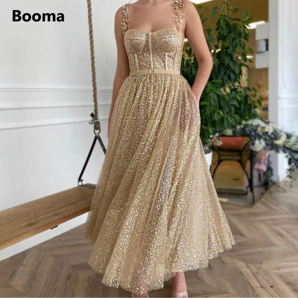 Booma-Gold Glitter Tulle Prom Dresses, alças frisadas, vestidos de comprimento de chá, bolsos A-Line curto vestidos de festa formais, Plus Size