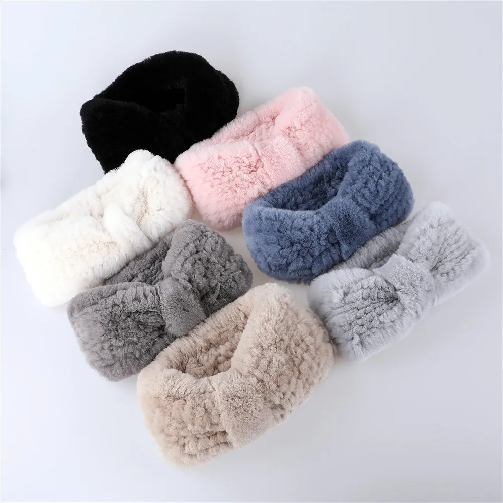 Women\'s luxury winter 100% rex rabbit fur knitted elastic headband high quality real fur hair band Fashion hair accessories