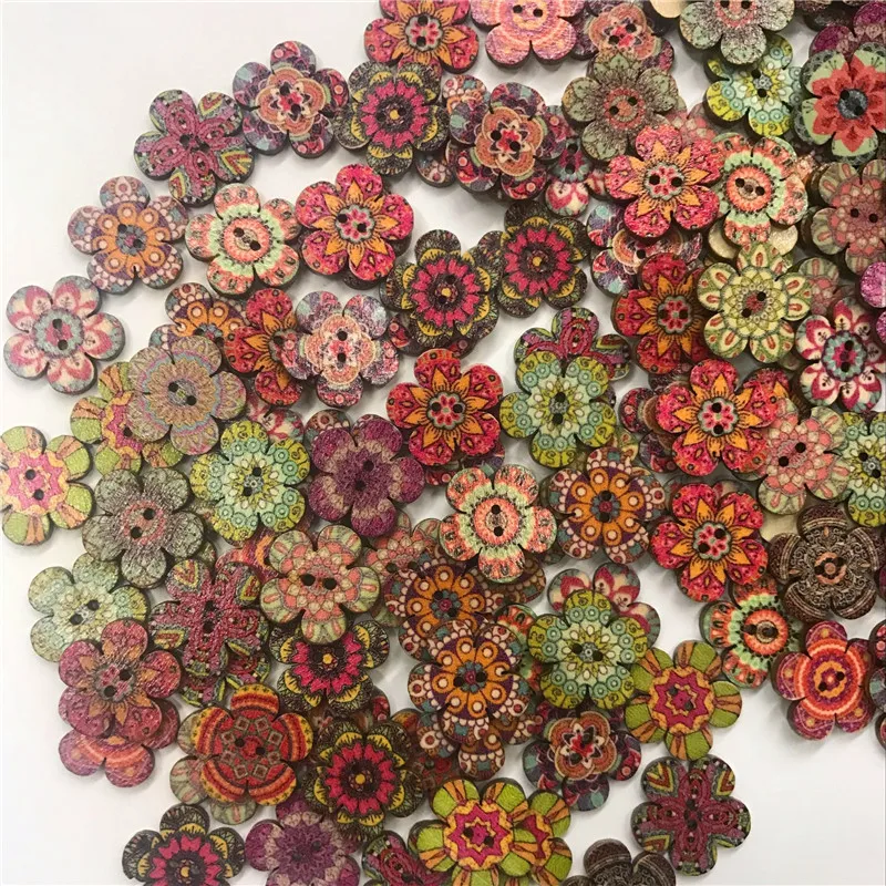 50pcs Flower Natural Buttons Vintage Retro Round Wood Buttons for Craft/sewing DIY Home Textile