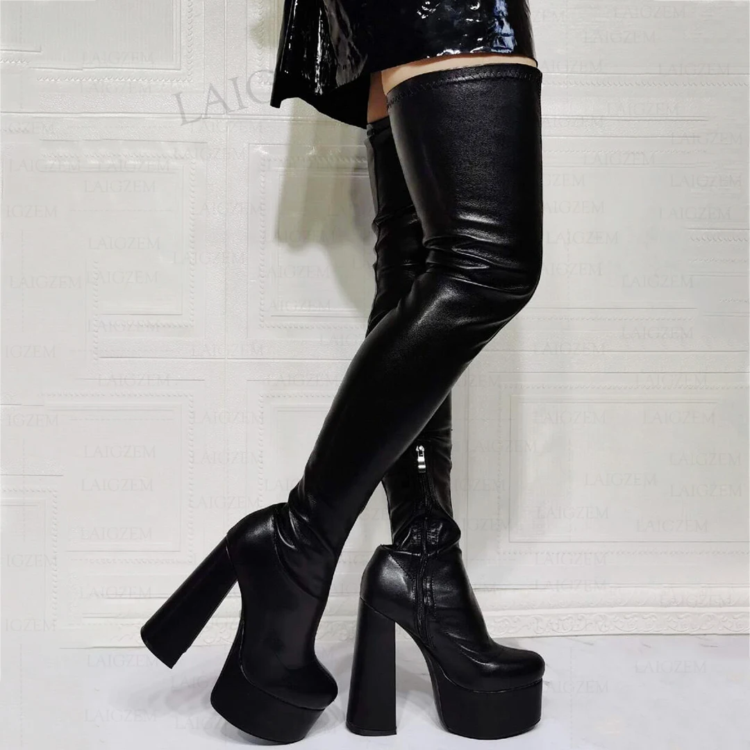 LAIGZEM Women Thigh High Boots Elastic Platform Thick Heels Over Knee Boots Handmade Ladies Female Shoes Woman Big Size 41 44 47