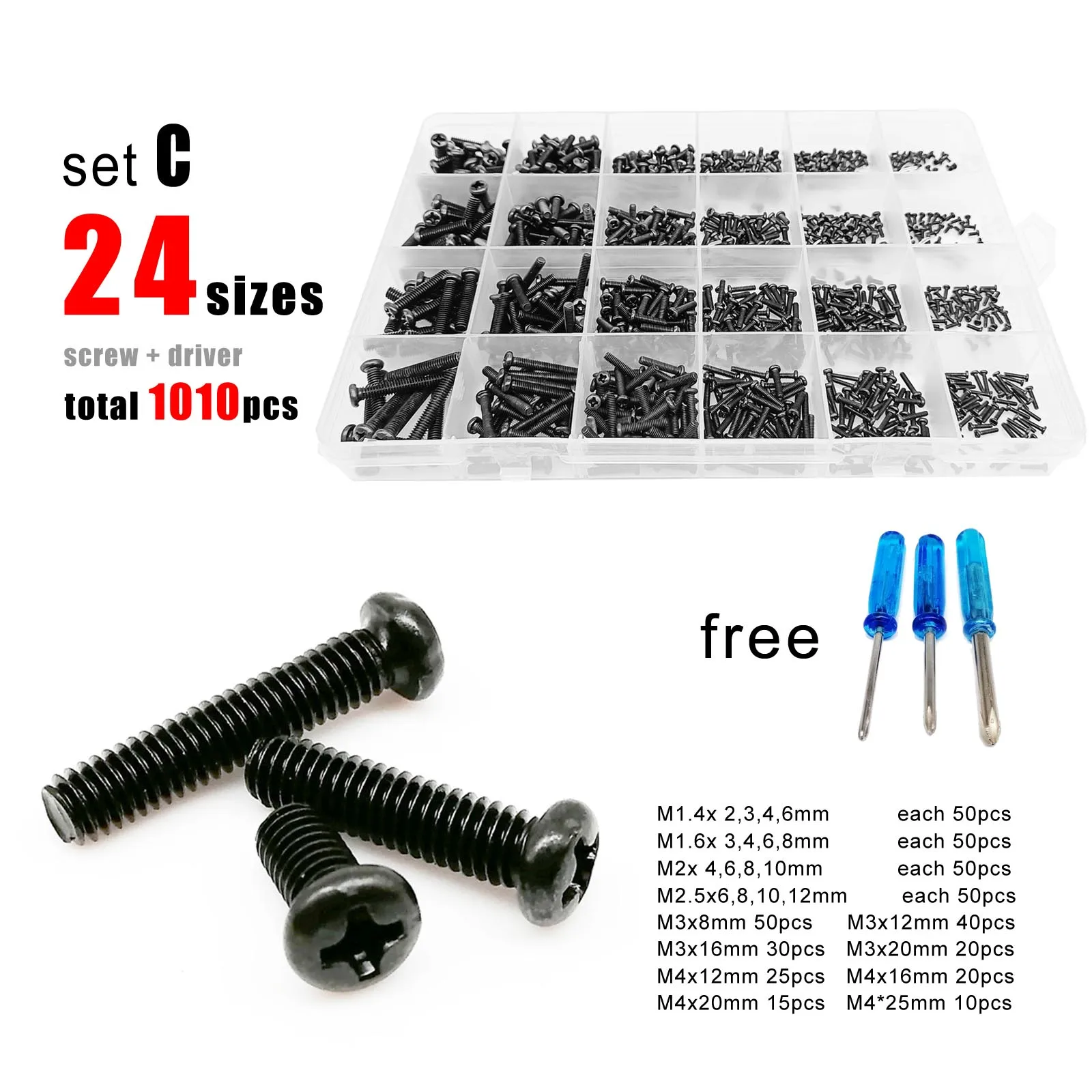 400/500/1010/2100X M1.2 M1.4 M1.6 M2 M2.5 M3 M4 Black Mini Micro Phillips Cross Pan Round Head Screw Bolt Nut Set Assortment Kit