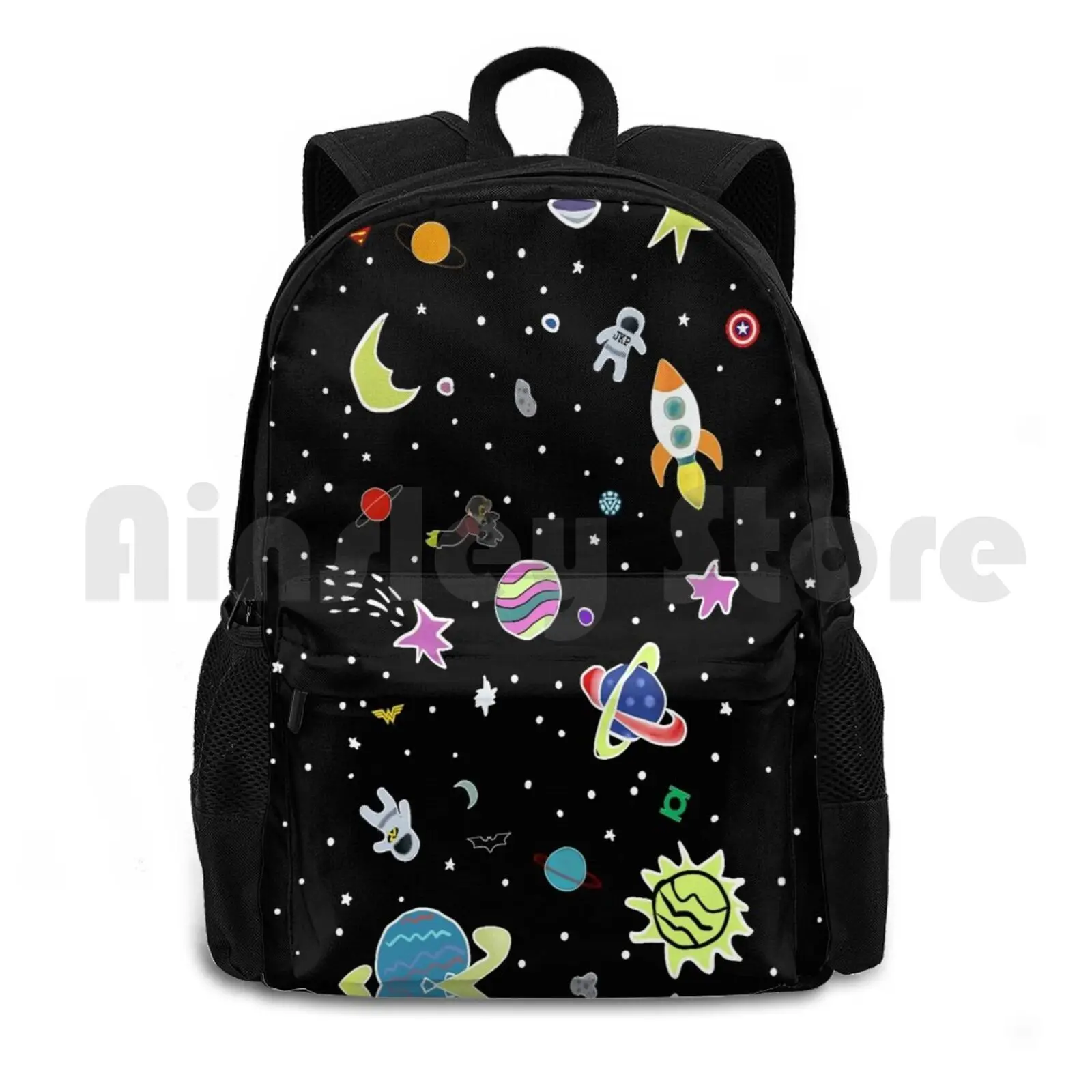 Superhero Space Outdoor Hiking Backpack Waterproof Camping Travel Superhero Space Stars Moon Astronaut Rocket Ship Planets