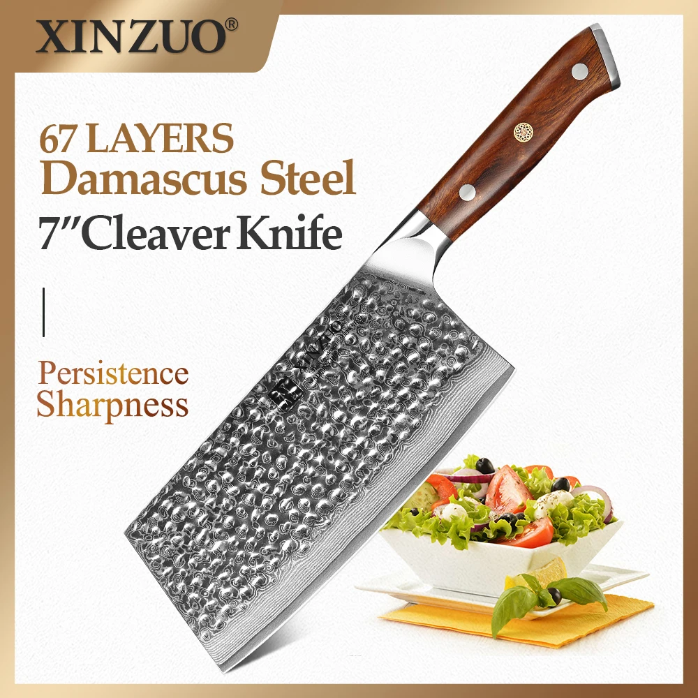 XINZUO 7'' Cleaver Knife Ironwood Handle VG10 Damascus Stainless Steel Kitchen Slicing Knife Vegetable Tool Butcher's Knives