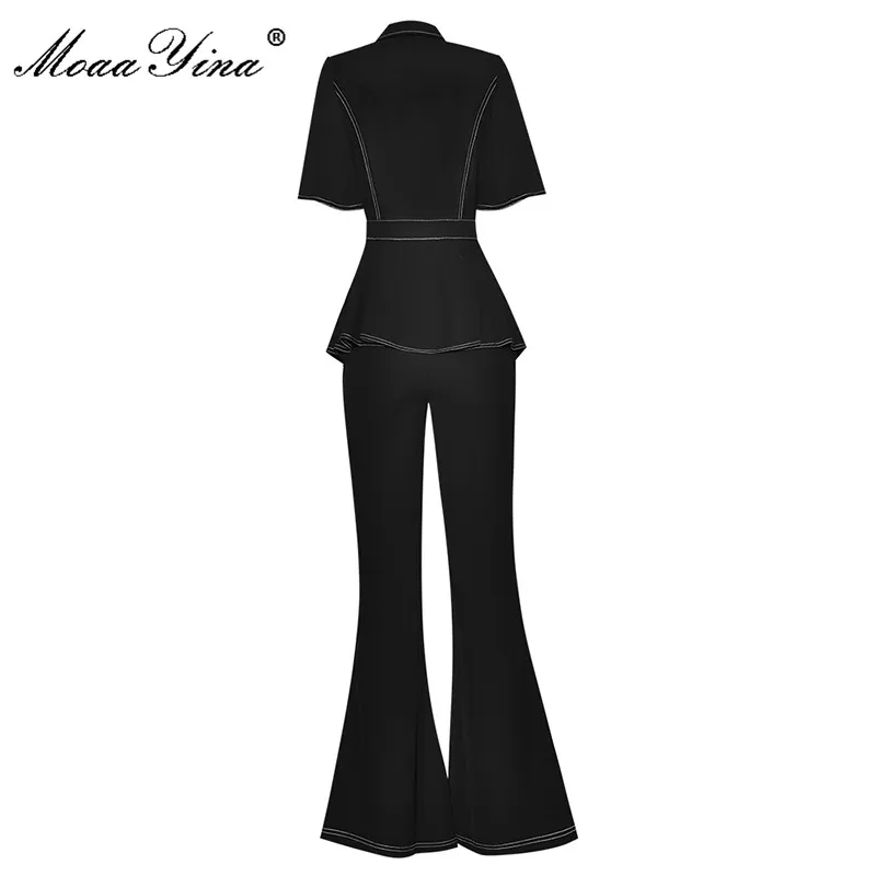 MoaaYina Fashion Designer Summer Black Pants Suit Women\'s Short sleeve Single-breasted Tops and Flare Pants Two Pieces Set