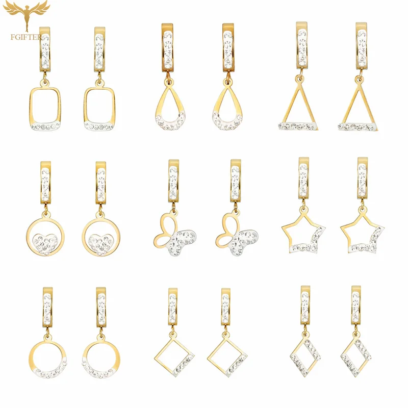 White Crystal Clay Geometric Pendant Dangling Drop Earrings Woman Golden Stainless Steel Hoops Fashion Jewelry boucle d’oreille