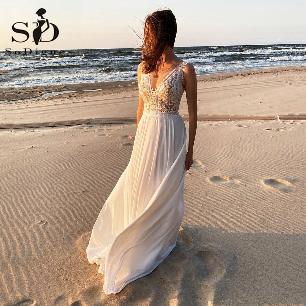 SoDigne Einfache Neue Boho Hochzeit Kleider Sexy Chiffon V-ausschnitt Strand Braut Kleid Backless Frauen Hochzeit Party Kleider