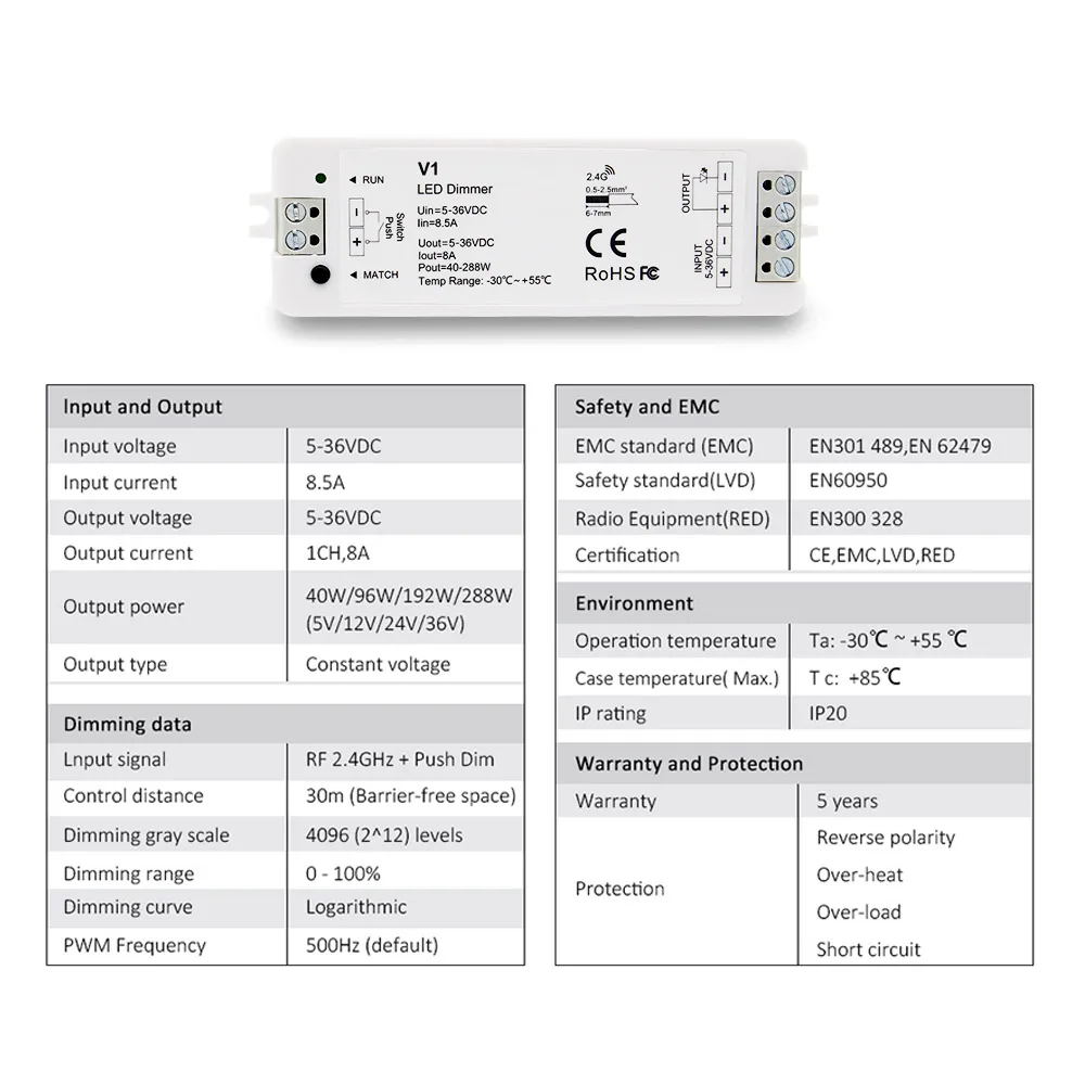 Dimmer 12V 24V 36V 5V DC 8A 2.4G RF PWM Wireless Touch Remote for Single Color LED Strip Light Switches Dimmer Controller V1 R11