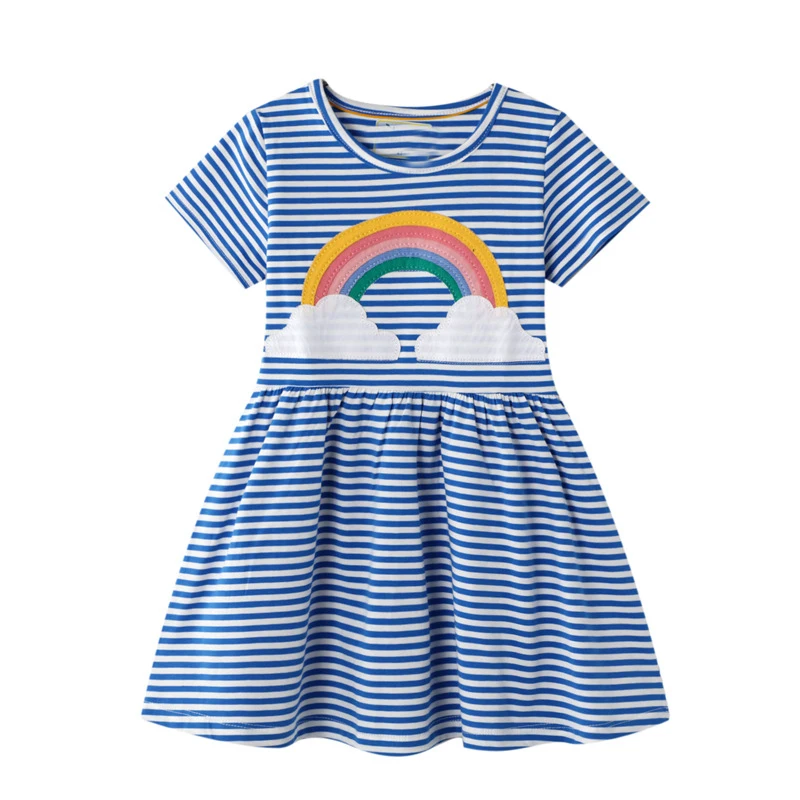 Little maven 2024 Baby Girls Summer Cartoon Rainbow Striped Casual Dress Cotton Clothes for Kids Children's Clothing 2-7 years